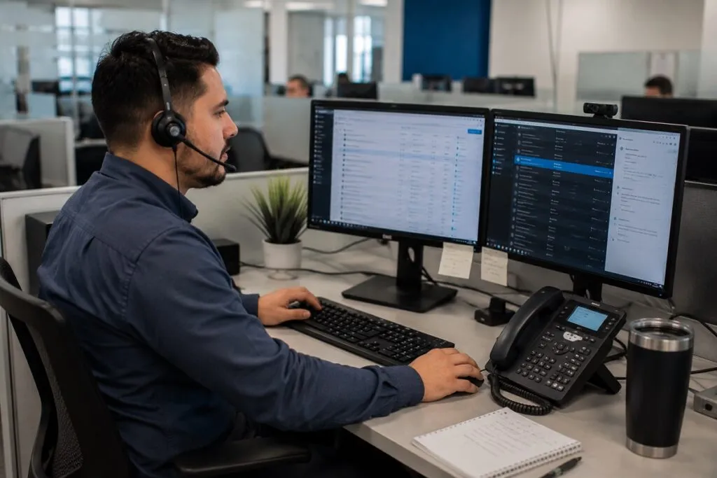 IT support specialist wearing a headset and professional attire assisting users with dual monitors for IT support staffing.