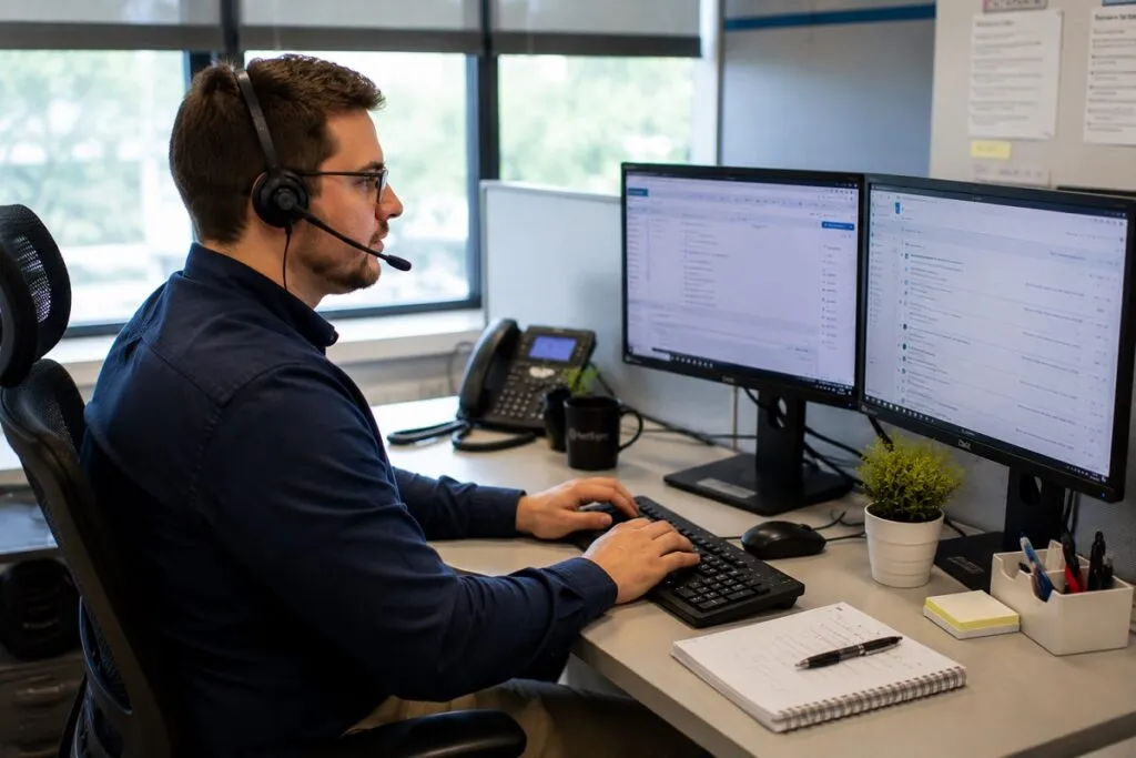 IT support technician placed by Tier2Tek Staffing providing desktop support and troubleshooting technical issues at a dual monitor workstation.