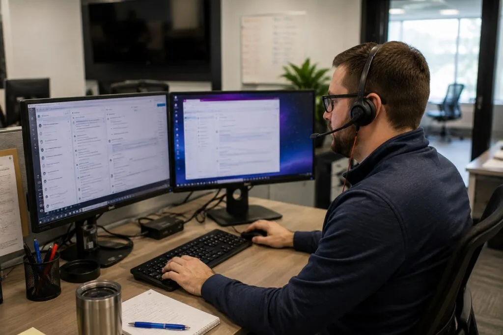 Desktop support technician providing IT help desk support at a dual monitor workstation, representing Tier2Tek Staffing IT recruiting services.