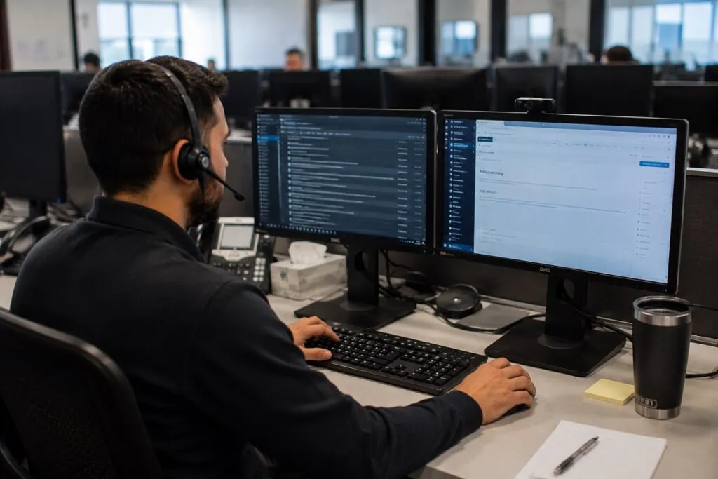 IT support specialist wearing a headset and professional attire while troubleshooting user issues on dual monitors for IT support staffing.