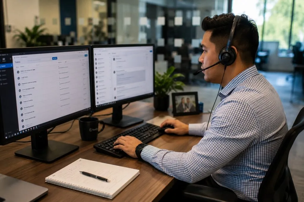 Service desk technician providing IT support at a dual monitor workstation, representing Tier2Tek Staffing IT support recruiting services.