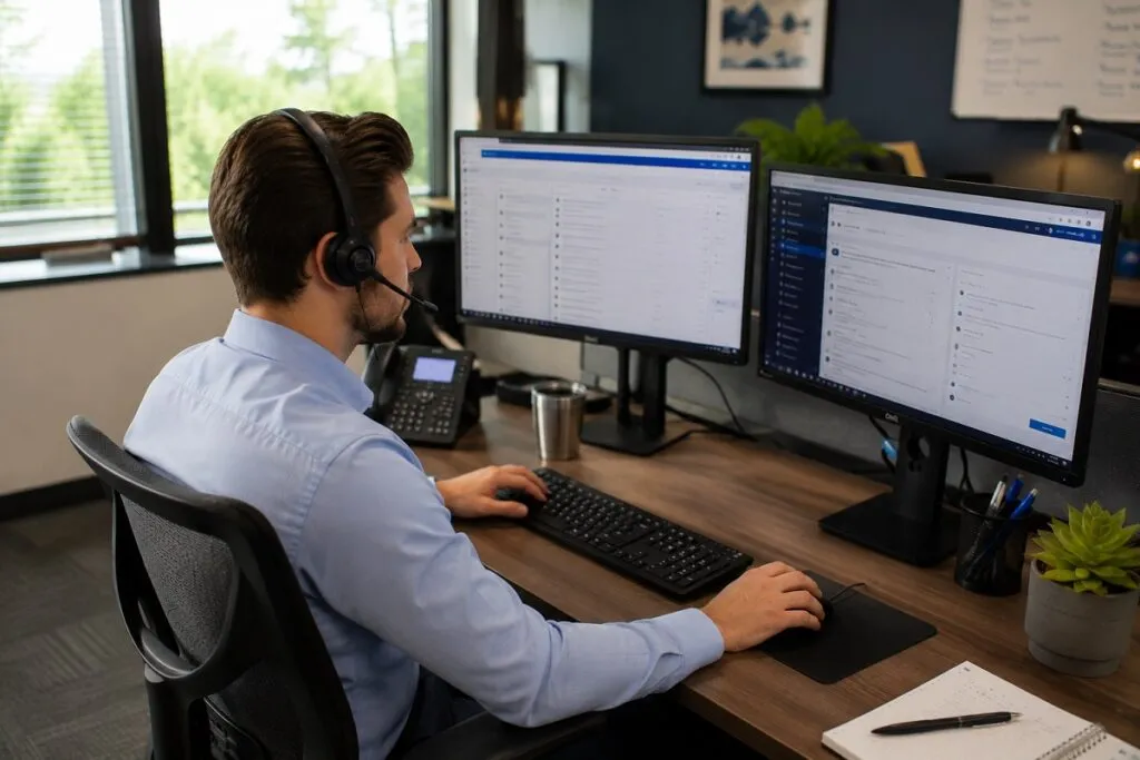 IT support technician assisting end users with technical issues at a dual monitor workstation for Tier2Tek Staffing.