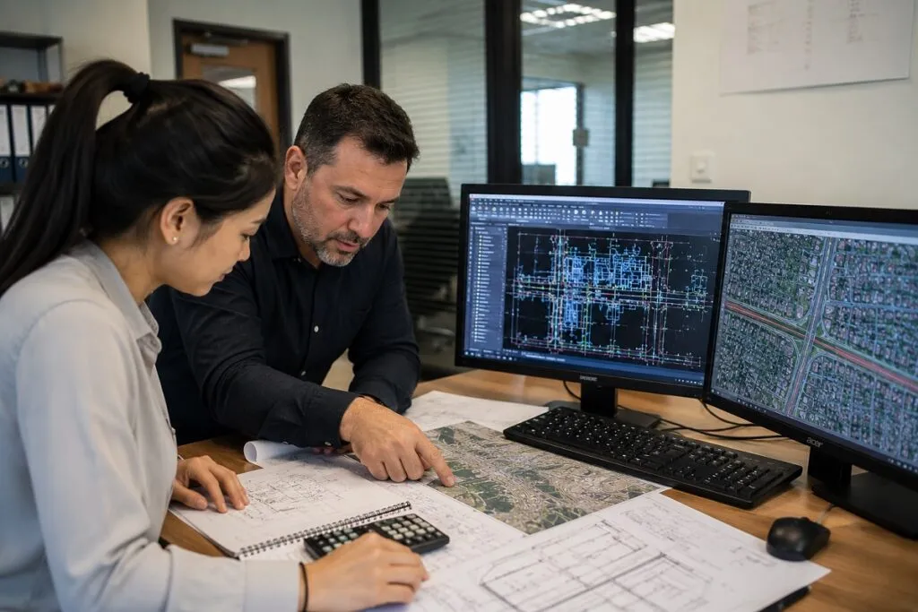 Infrastructure planning and design professionals reviewing GIS data and CAD engineering plans.