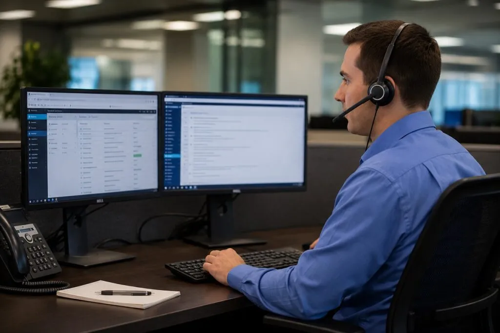 Help desk technician assisting an end user over a headset while managing support requests across dual monitors and providing real-time technical support.