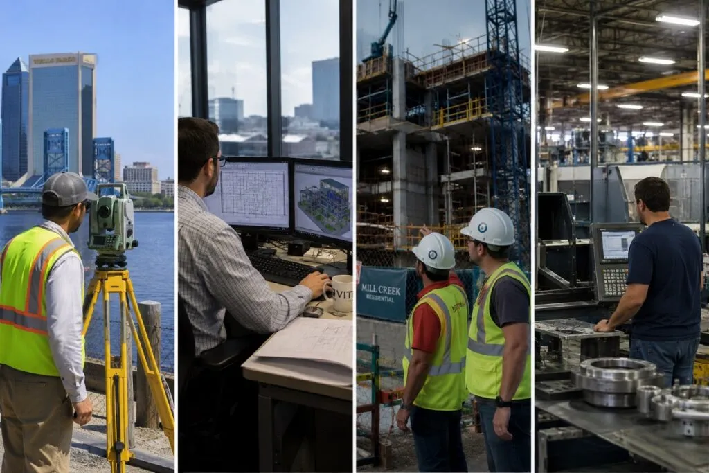 Surveying, engineering, construction, and manufacturing professionals supporting Jacksonville projects through field data collection, technical design, project execution, and production operations.