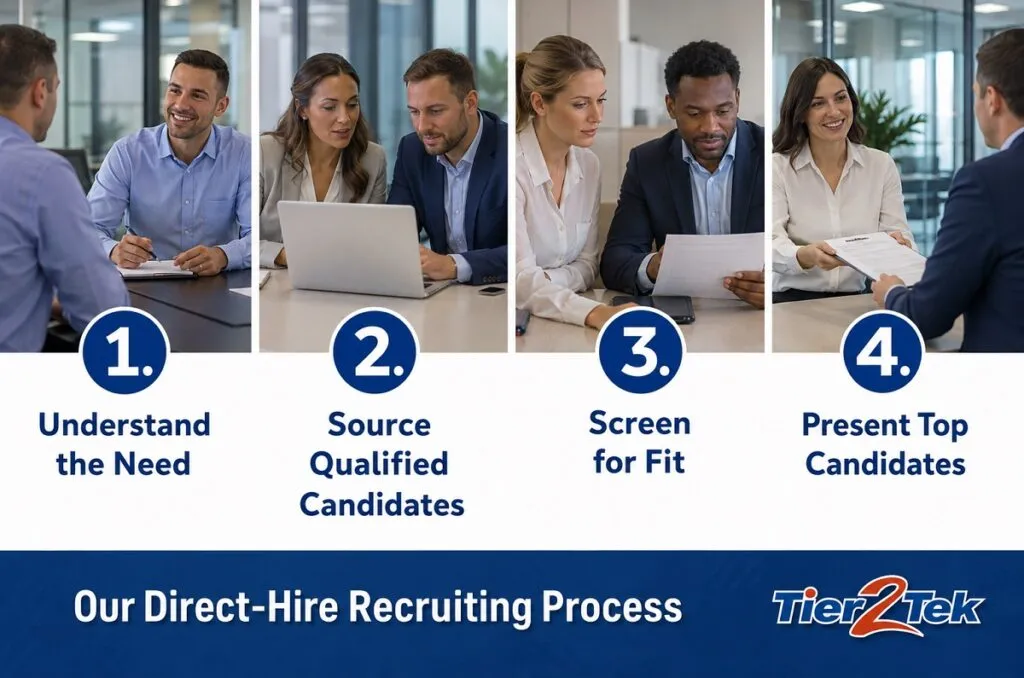 Tier2Tek Staffing direct hire recruiting process showing how recruiters understand hiring needs, source qualified candidates, screen for fit, and present top talent.