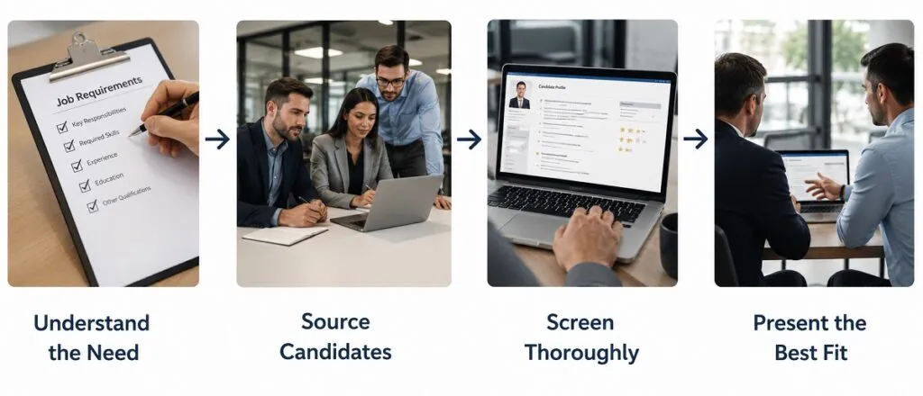 Tier2Tek Staffing direct hire recruiting process showing candidate sourcing, screening, and placement for full time hiring.