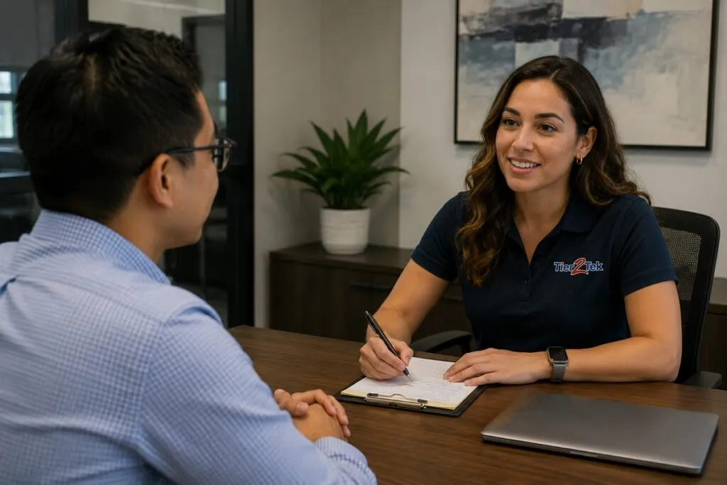Tier2Tek Staffing recruiter interviewing a candidate to assess qualifications, experience, and career goals for professional opportunities.