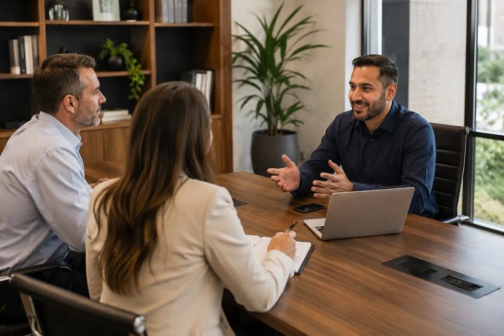 Tier2Tek Staffing senior recruiter meeting with hiring managers to discuss hiring strategy, talent acquisition, and workforce planning.