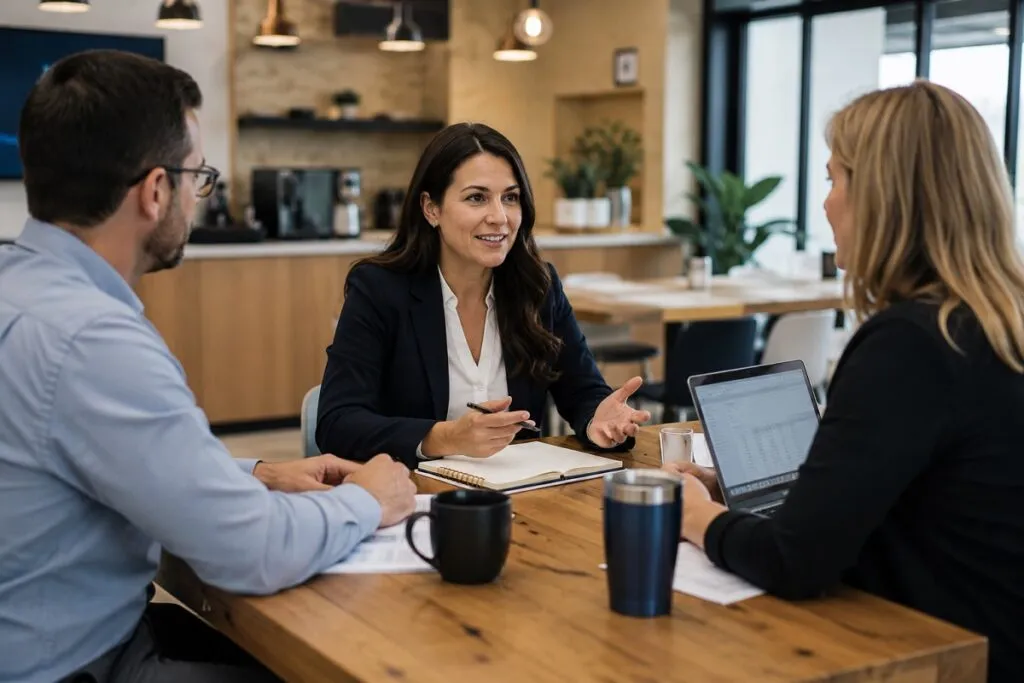 Tier2Tek Staffing senior recruiter discussing hiring needs with hiring managers to develop recruitment strategy and identify qualified talent.