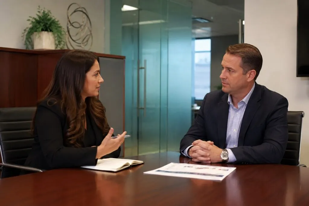 Senior recruiter meeting with an HR manager to discuss staffing needs, hiring goals, and qualified candidate recruitment for Tier2Tek Staffing.