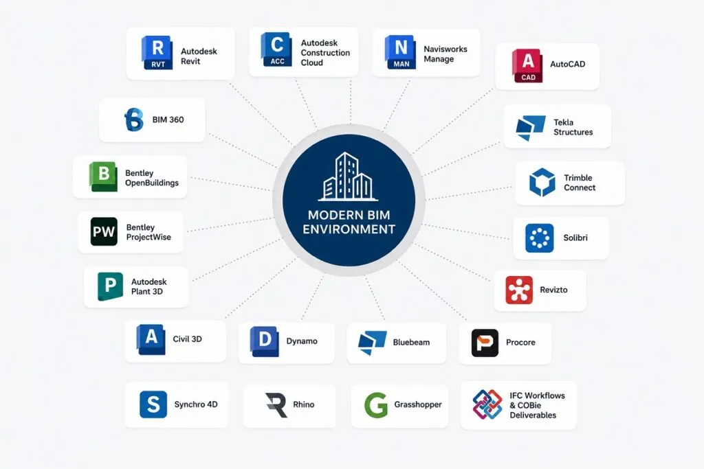 BIM software ecosystem featuring Revit, AutoCAD, Navisworks, BIM 360, Procore, Bluebeam, and other technologies used in modern design and construction workflows.