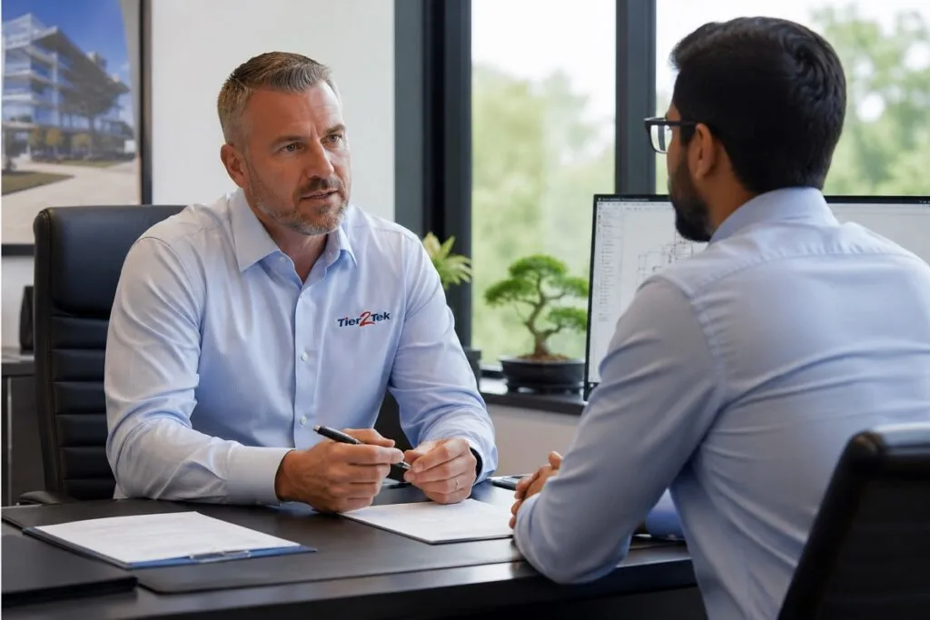 Tier2Tek Staffing recruiter interviewing a pre-screened Revit professional for a BIM and CAD engineering position.