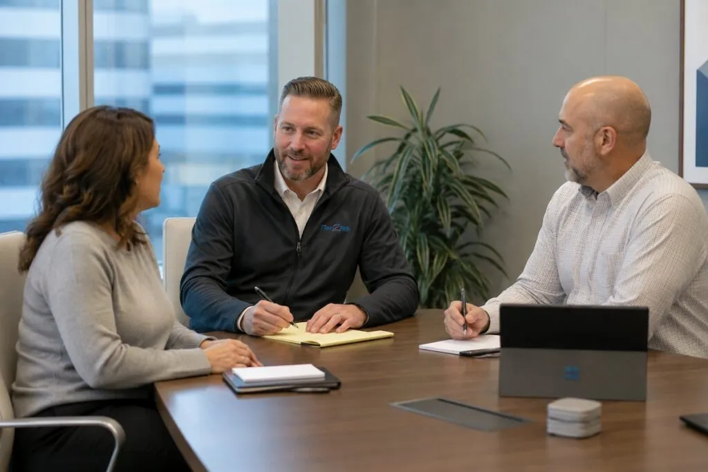 Senior Tier2Tek Staffing account manager meeting with hiring managers to discuss technical recruiting and hiring needs.