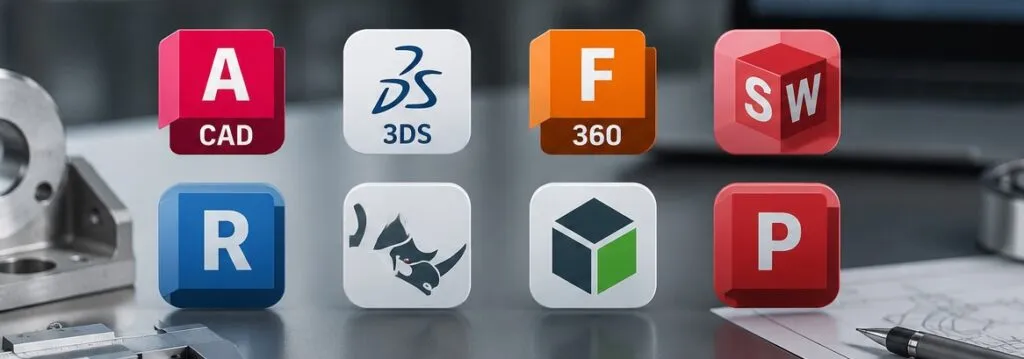 Popular CAD software platforms including AutoCAD, SolidWorks, Fusion 360, CATIA, Rhino, Revit, SketchUp, and Creo displayed together, representing modern engineering design, 3D modeling, and product development technologies.