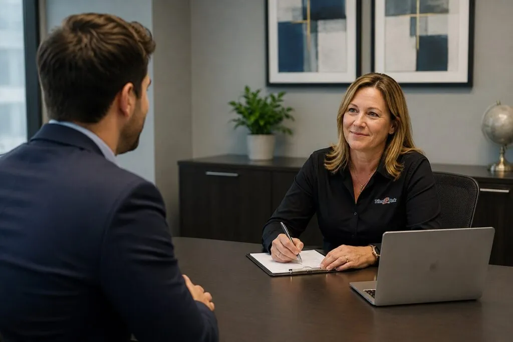 Professional recruiter interviewing a CAD engineering candidate, evaluating technical experience and qualifications during the hiring process.