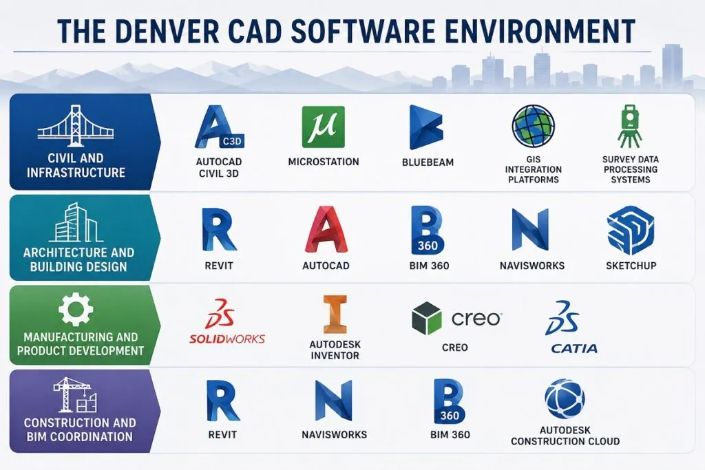 Denver CAD software ecosystem featuring AutoCAD, Revit, Civil 3D, SolidWorks, Navisworks, and other leading engineering and design platforms.