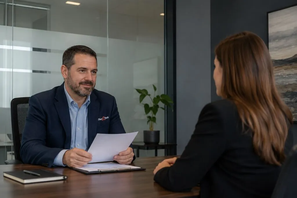 Tier2Tek recruiter interviewing a skilled CAD professional candidate, reviewing qualifications and technical experience for engineering and design staffing opportunities.