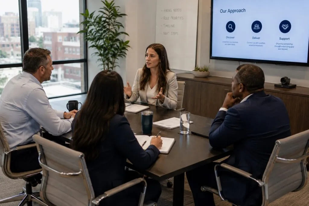 Tier2Tek Staffing senior recruiter meeting with executive leadership to discuss hiring strategy, workforce planning, and talent acquisition.