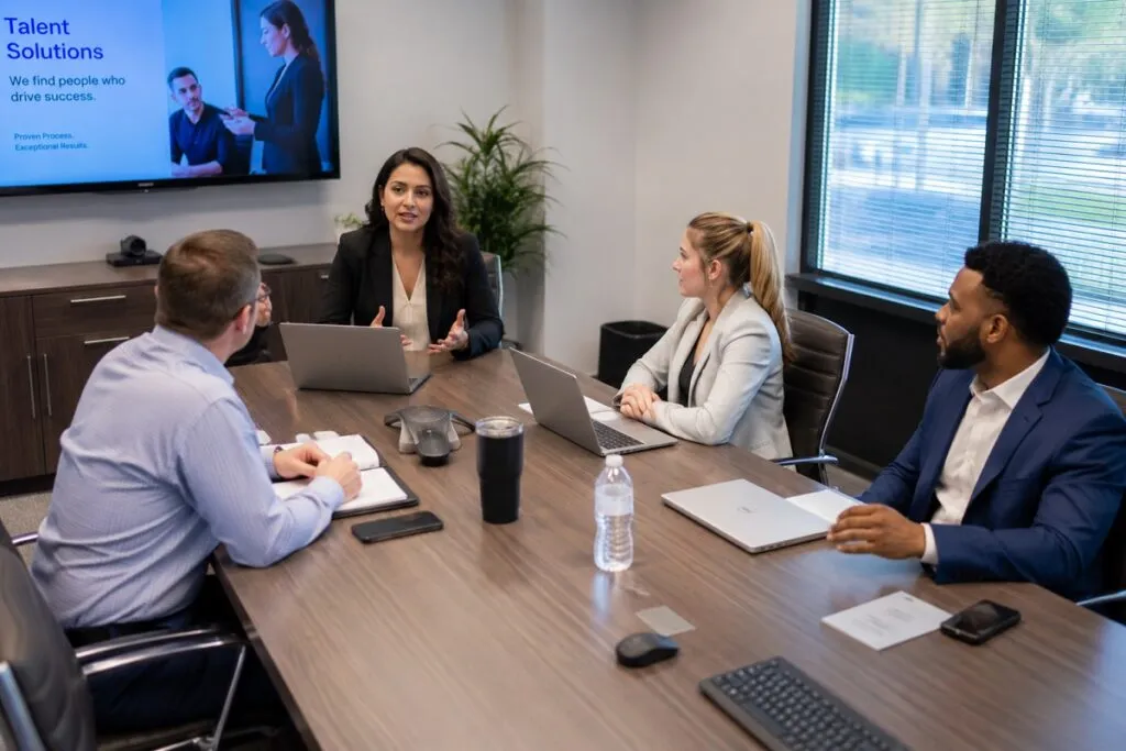 Tier2Tek Staffing senior recruiter leading a hiring strategy meeting with hiring managers to discuss recruitment and workforce planning.