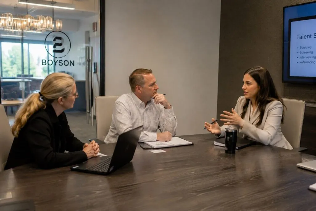 Tier2Tek Staffing senior recruiter meeting with HR executives to discuss hiring strategy, talent acquisition, and workforce planning.