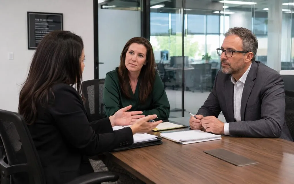 Senior recruiter from a staffing agency meeting with hiring managers to discuss hiring needs, workforce planning, and talent acquisition.