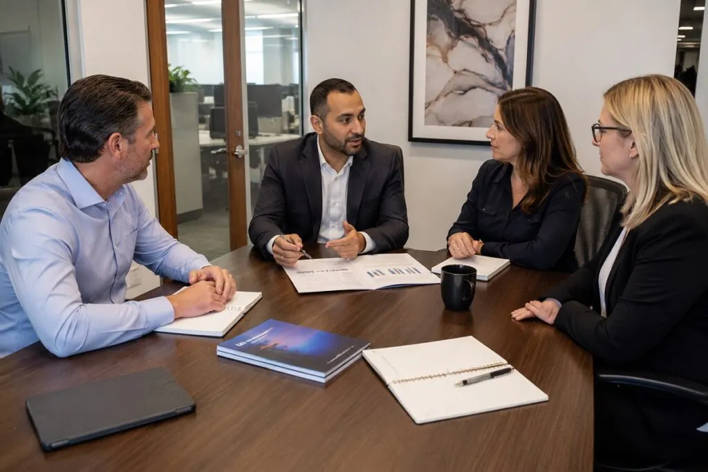 Senior recruiter meeting with HR leaders and hiring managers to discuss direct hire IT support staffing and CAD staffing solutions for permanent technical hiring.