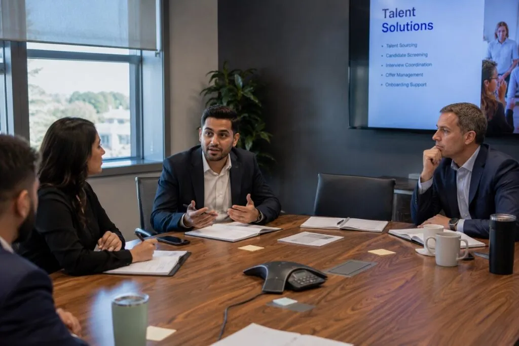 Tier2Tek Staffing senior recruiter meeting with senior leadership to discuss hiring strategy, talent acquisition, and workforce planning.