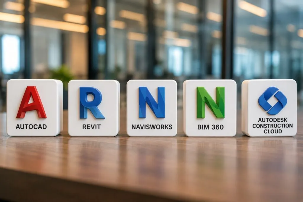 Revit, AutoCAD, Navisworks, BIM 360, and Autodesk Construction Cloud tools commonly used by BIM and design professionals..