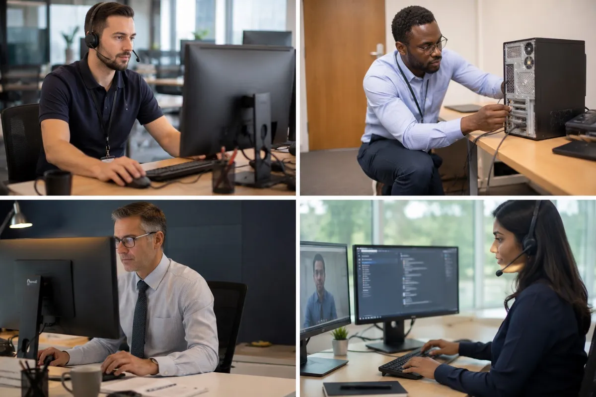 Desktop support, field support, executive desktop support, and remote desktop support technicians providing technical assistance and IT support services.