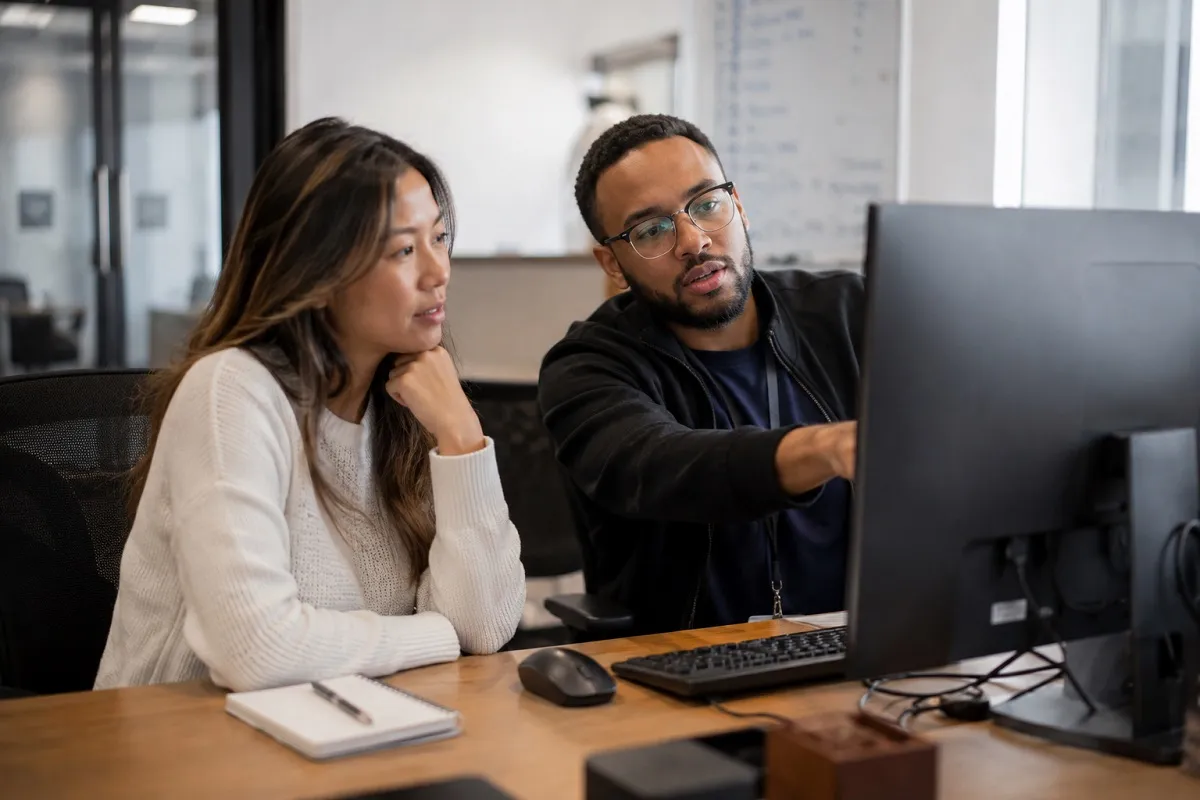 Desktop support technician assisting an end user with computer troubleshooting and technical support to resolve a technology issue.
