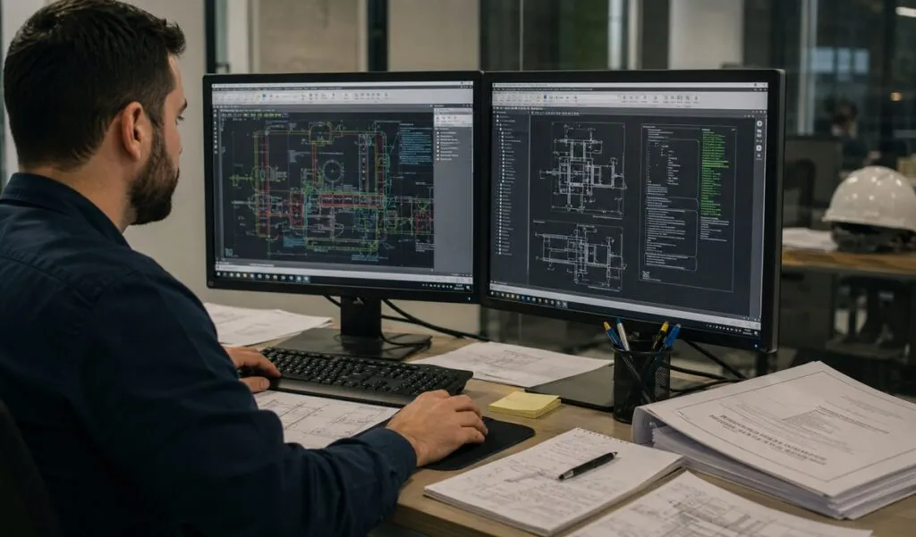 CAD professional reviewing technical drawings and identifying design conflicts to ensure drafting quality, coordination accuracy, and construction-ready documentation.