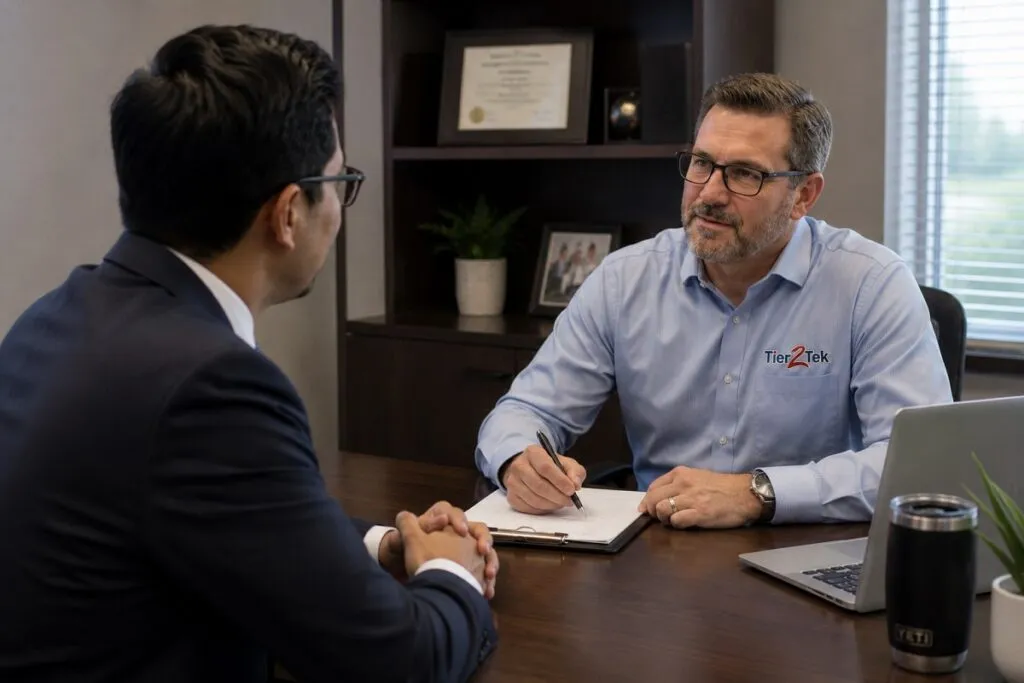 Experienced Tier2Tek Staffing recruiter interviewing a candidate to evaluate technical qualifications, career experience, and job fit.