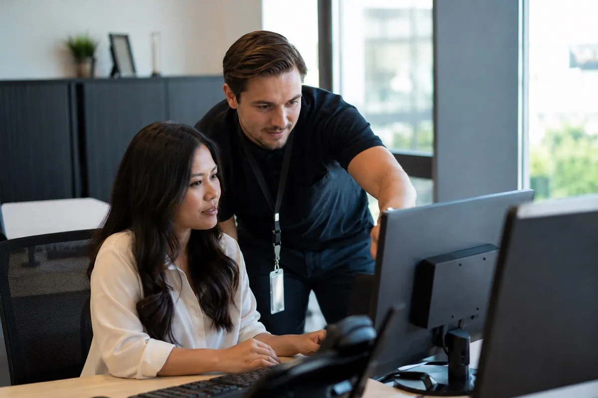 Desktop support technician assisting an end user with computer troubleshooting, technical support, and problem resolution.