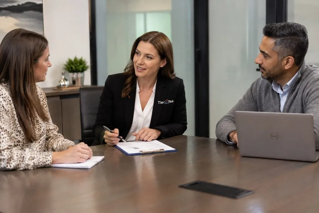 Senior Tier2Tek account manager consulting with hiring leaders to discuss CAD recruitment needs, workforce planning, and engineering talent acquisition.