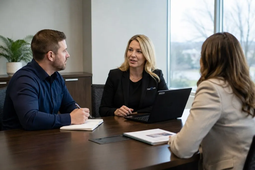 Tier2Tek senior account manager meeting with hiring managers to discuss CAD recruitment needs, workforce planning, and engineering talent acquisition strategies.