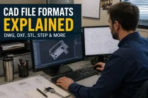 CAD file formats explained with a designer creating a 3D mechanical model using DWG, DXF, STL, and STEP workflows.
