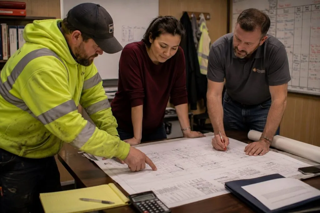Engineering team reviewing blueprints, design documents, and technical markups during a collaborative project planning session.