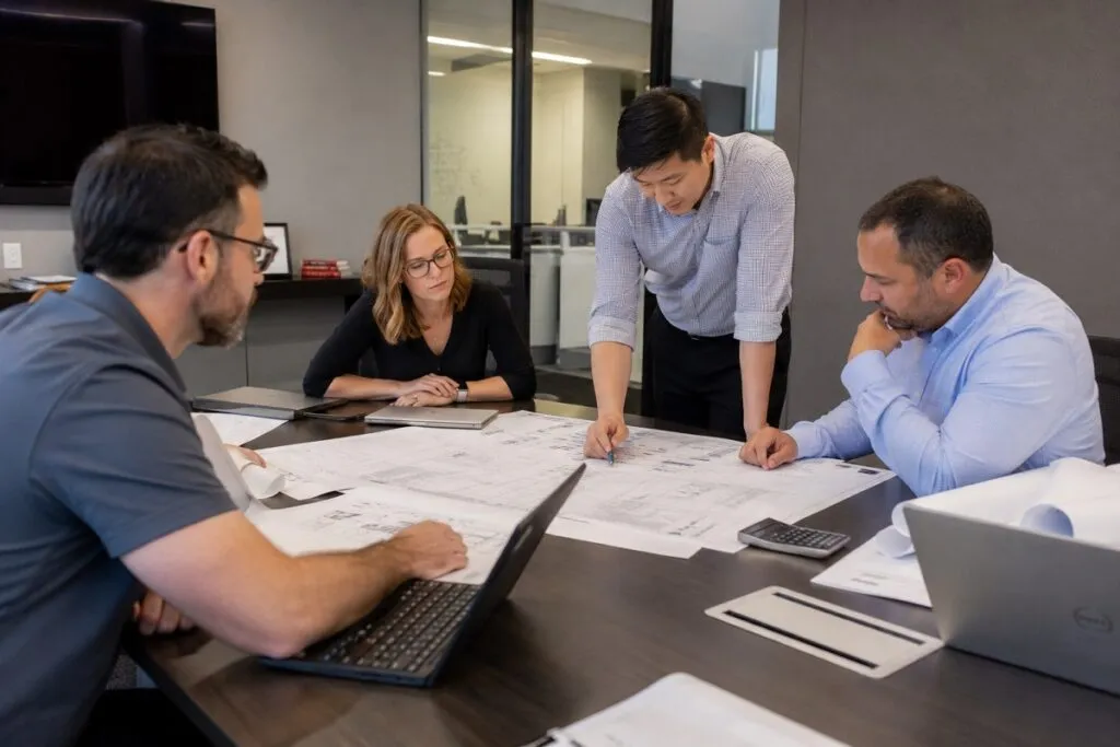 Engineering team reviewing printed drawings, discussing design markups, and collaborating on project plans with laptops.
