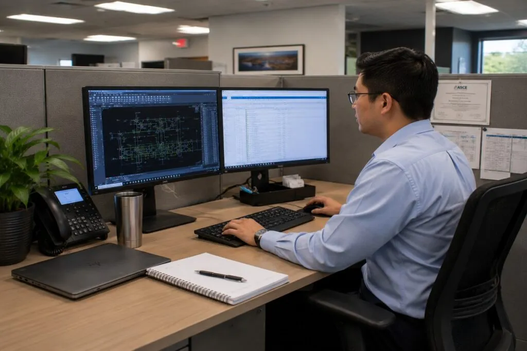 Professional engineer working at a dual-monitor office cubicle workstation.