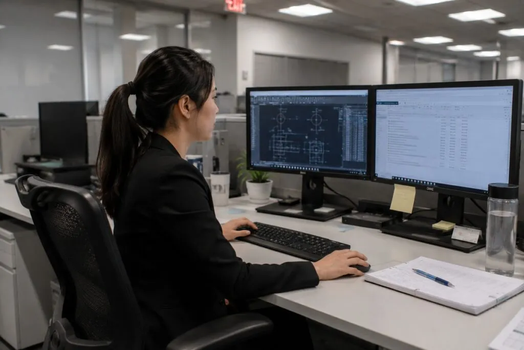Female engineer working at a dual-monitor workstation in a modern office.
