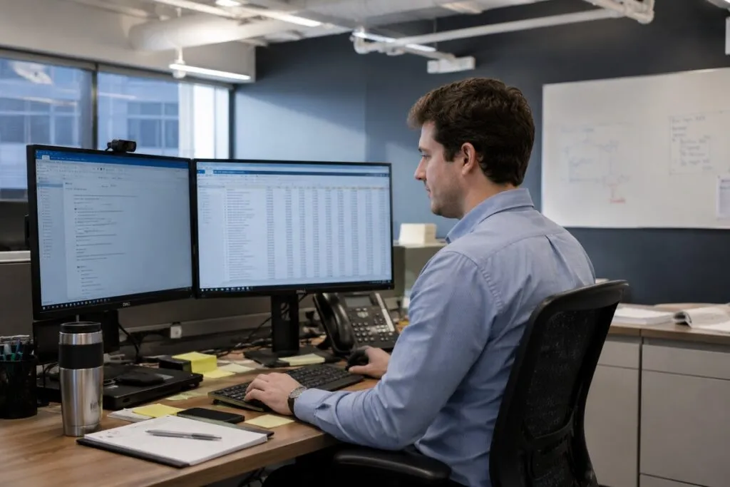 Engineer collaborating on a technical project in a modern office.