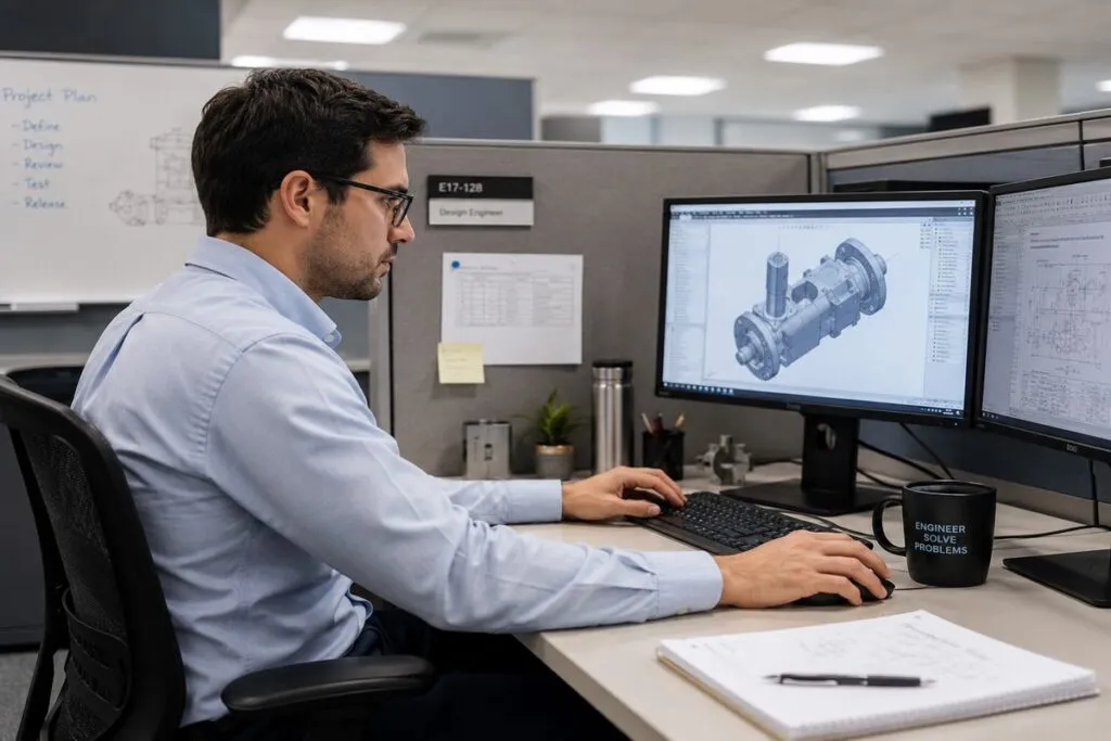 Engineer working at a computer in a modern office cubicle.