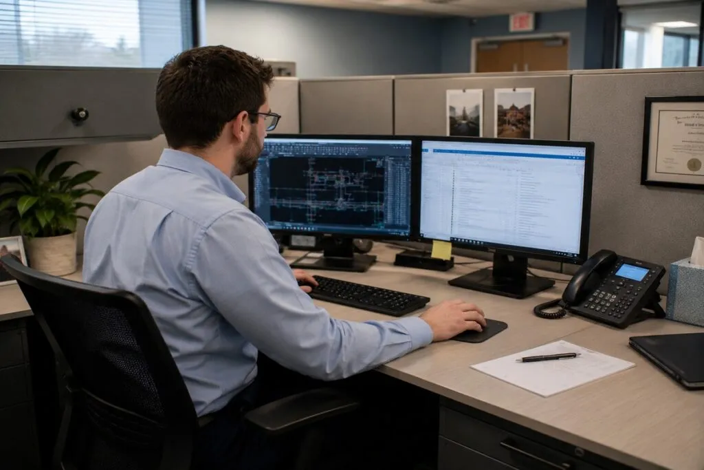 Engineer working at a dual-monitor workstation in a modern office cubicle.