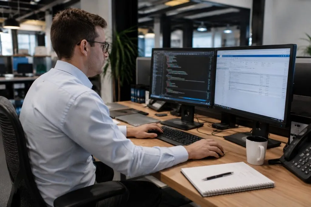 Engineer working at a dual-monitor desk in a modern office.