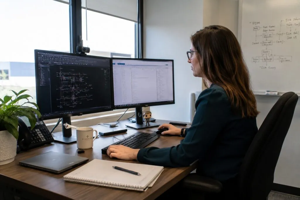 Female engineer working at a dual-monitor workstation in a modern office.