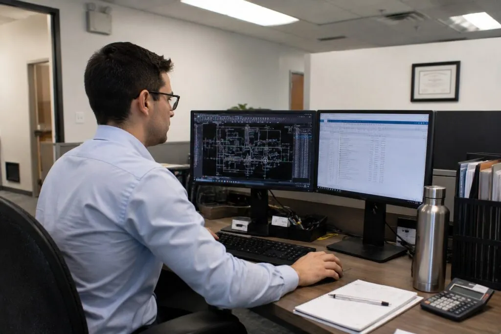 Engineer working at a dual-monitor workstation in a modern office.