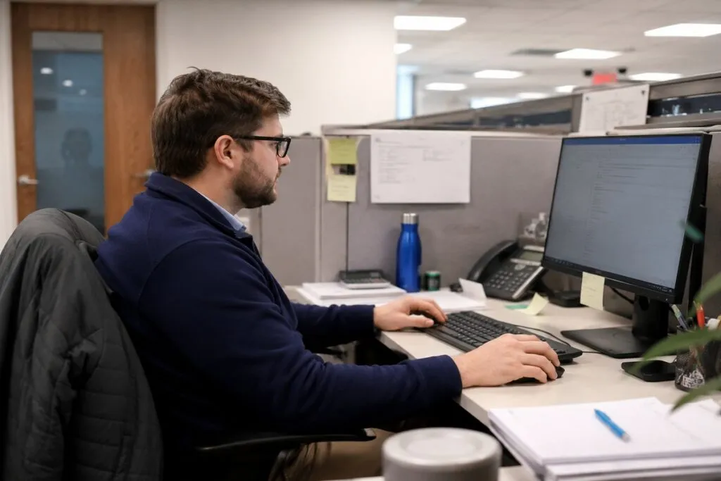 Engineer working at a computer in a modern office cubicle.