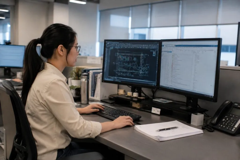 Female engineer working at a dual-monitor workstation in a modern office.