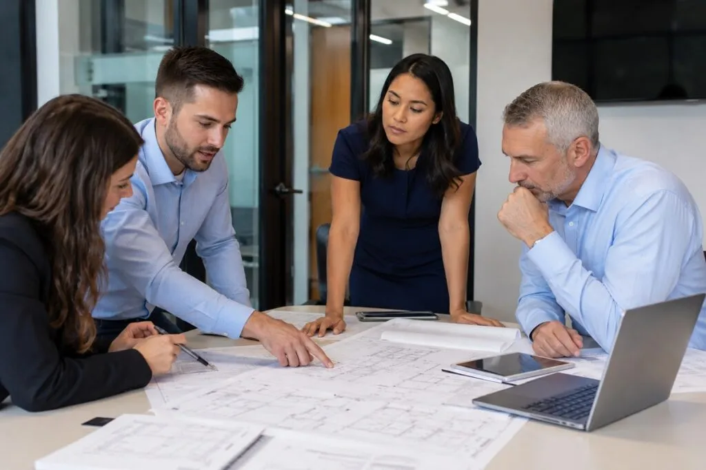 Engineering professionals reviewing technical drawings, collaborating on design plans, and discussing project markups.